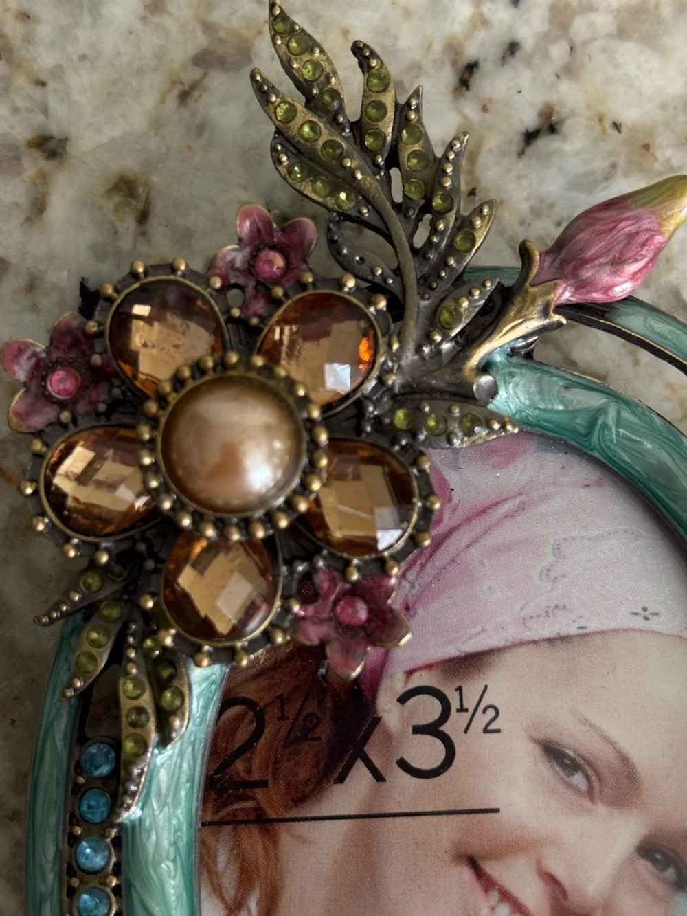 PAIR Of Beautiful Enameled Floral Rhinestone, Jeweled Metal Photo Frames